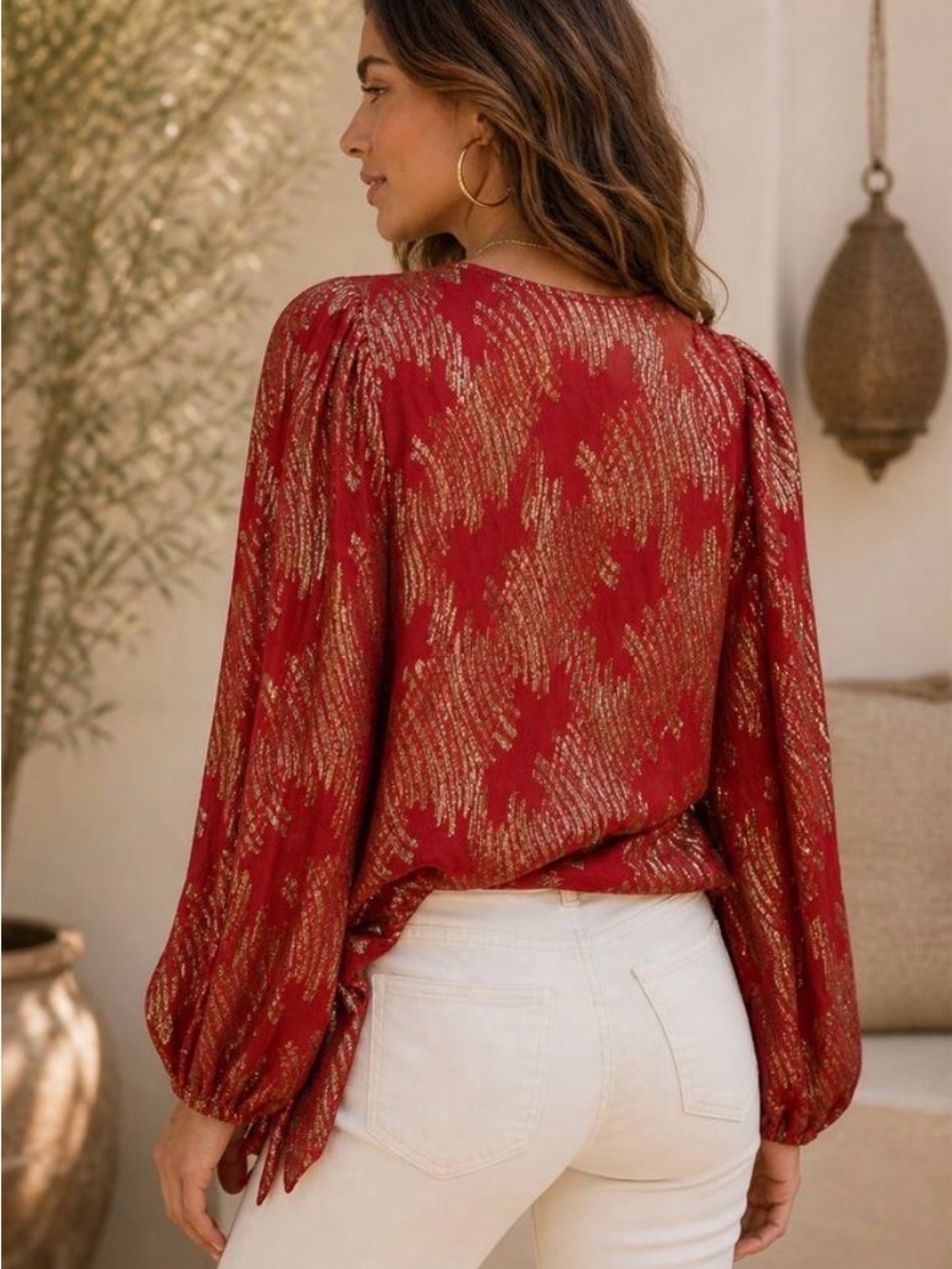 Ciebob Rust Metallic Pattern V-Neck Blouse - Picture 5 of 5